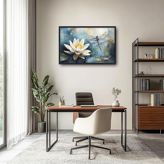 Extra Large Lotus Dragonfly Framed Wall Art for Living Room,Abstract Blue Lotus Flower Lake Pictures Wall Decor,Nature Canvas Print Painting Modern Artwork Bedroom Office Bathroom 36L x 24W