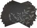 Gugrida Place Mats PVC Set of 6, Table Placemats Set of 6 PVC Woven Vinyl Place Mats Table Mats Natural Color (6 pcs, Black Leaves)