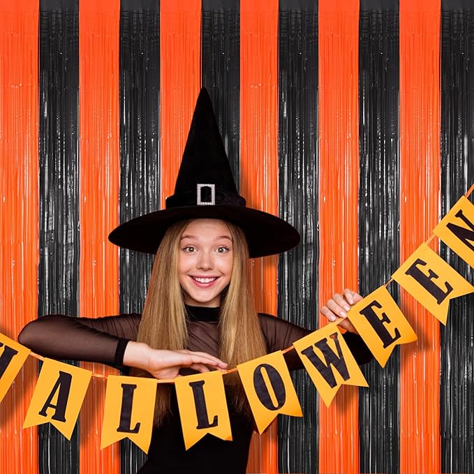 BRAVESHINE Tinsel Photo Backdrop Curtains - 2 Pack 3.2x8.2ft Black Orange Foil Fringe Streamer Curtain for Birthdays/Sports/Basketball/Pumpkins/Home/Office/Indoor/Outdoor Party Decorations
