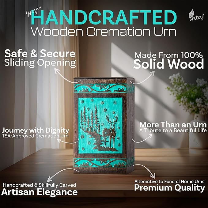 INTAJ Handcarved Rosewood Teal Green Deer Urn for Human Ashes Adult - 115 lbs Capacity Forest Wooden Cremation Urn Box Suitable for Burial Funeral Decorative Wildlife Memorial Casket Secure