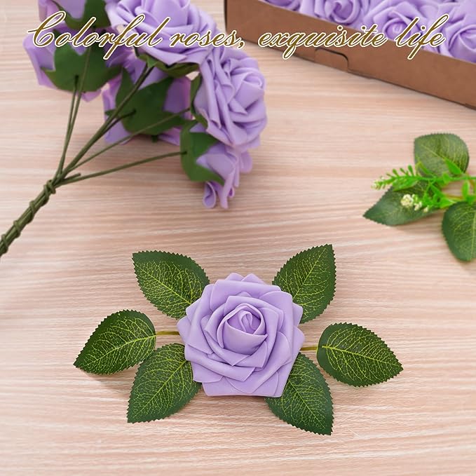 BLEUM CADE 16Pcs Artificial Flowers Fake Roses with Stems, Purple Boxed Foam Roses for DIY Bouquets Centerpieces Wedding Party Arrangement Bridal Shower Decor