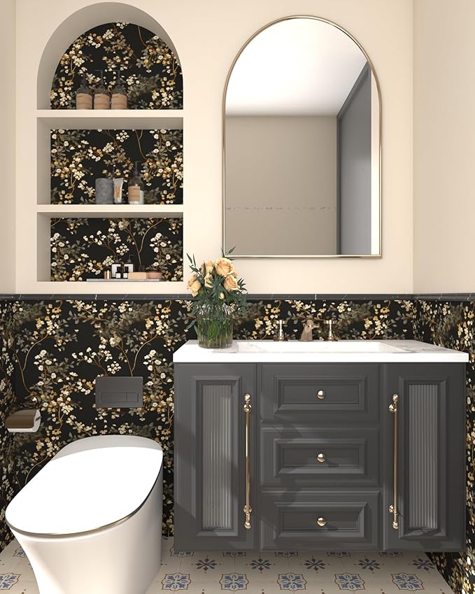 Vintage Black Floral Wallpaper Classic Watercolor Leaves Wall Paper 17.4" x 394" Dark Moody Contact Paper Chinoiserie Self Adhesive Covering for Bedroom Bathroom Cabinet Home Decor Black Grey