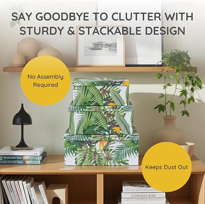 Soul & Lane Decorative Storage Cardboard Boxes with Lids | Tropical Breeze - Set of 3 | Green Jungle Leaves Paperboard Nesting Boxes