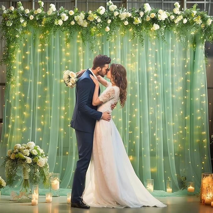 10x10ft Olive Green Tulle Backdrop Curtain with Lights String for Parites, Sheer Backdrop Curtains for Christmas Wedding Baby Shower Birthday Party Photo Shoot Decorations
