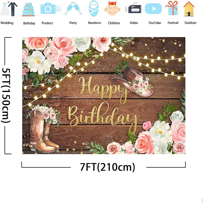 SVBright Cowgirl Birthday Backdrop for Woman 7Wx5H Western Rustic Country Wooden Plank Pink Flower Happy Birthday Baby Shower Wood Hat Retro Decoration Photography Background Banner Photo Booth Studio