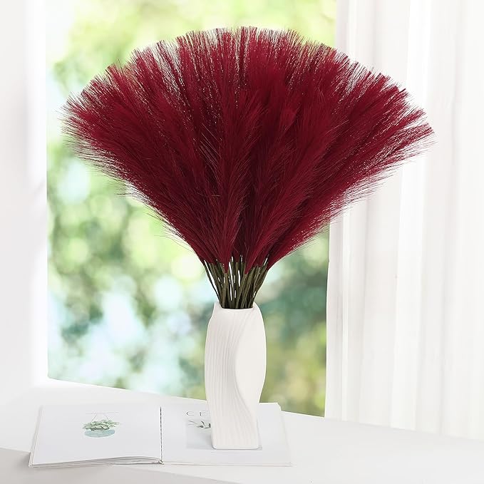 Faux Burgundy Pampas Grass - 30pcs 24 Inch Artificial Pampas Grass Decor Tall, Fake Pompas Grass for Vase Filler, Table Centerpieces, Wedding, Party and Home Decor (Burgundy, 30 Pieces)