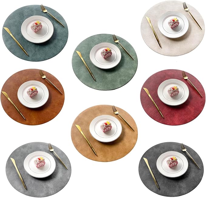 UnivoColors PU Leather Placemats Set of 8,15 Inches Round Washed Cowhide Pattern Table Mats for Dining Table, Kitchen, Party Decoration(Retro 8 Colors Combination)