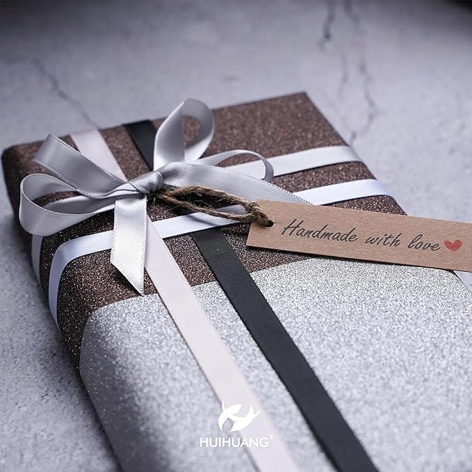 HUIHUANG Black White Silver Ribbon 3/8" Satin Ribbon Assorted 5 Colors Double Face Solid Color Ribbon for Holiday Day Gift Wrapping DIY Bow DIY Crafts, 10 Yard Each Total, 50 Yds Per Package