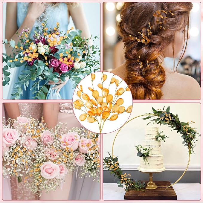 BEIQIYA 25pcs Acrylic Crystal Flower Branches, Artifial Bead Drop Bouquets, Orange Floral Picks Arrangement for Wedding Christmas Thanksgiving Day Home Office Table Top Decortaion