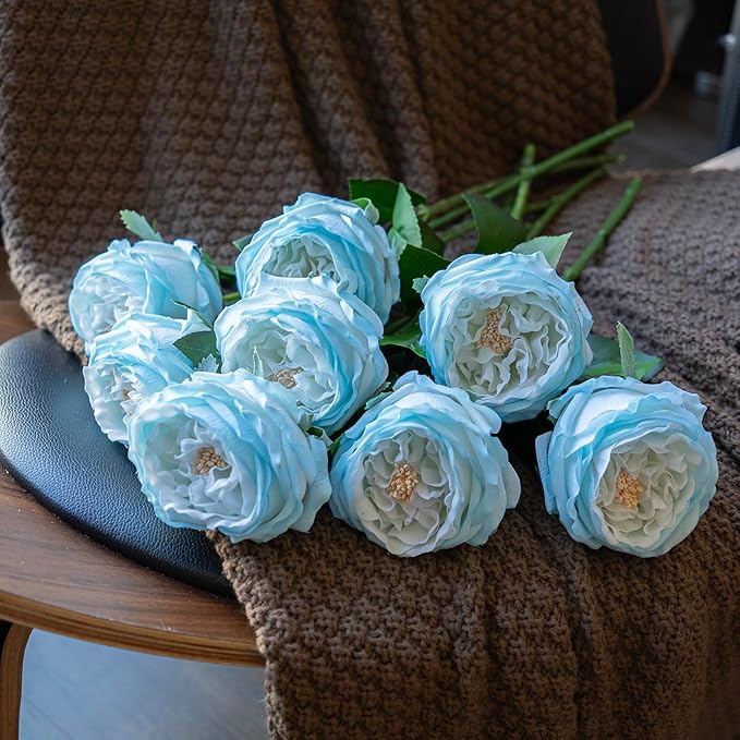 Fake Flowers for Decoration Home Decor Real Touch Artificial Flowers Austin Rose Peony Latex Fake Flower Living Room Decoration Vivid Pink Roses Peonies (Ice Blue 4pcs)