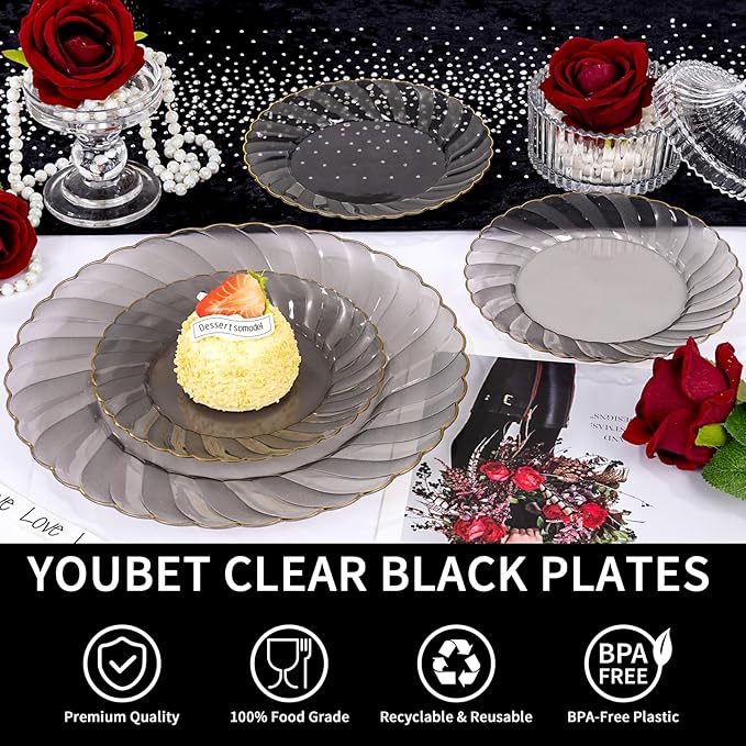 YOUBET 125PCS Clear Black Plastic Plates - Black and Gold Disposable Plates Include 50 Plate, 75 Gold Silverware for Wedding & Party & Birthday New Year