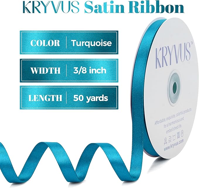 Premium Double Faced Turquoise Blue Satin Polyester Ribbon, 3/8 Inch X 50 Yards, Perfect for Gift Wrapping, Crafts, Wedding Decor, Special Occasions