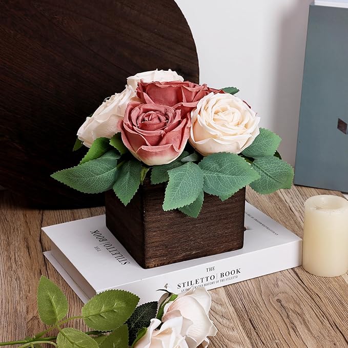 Dining Table Centerpiece Set of 3 - Pre-Made Aritifial Rose with Wooden Vase Fake Floral Arrangment Faux Flower for Wedding Bridal Tea Party Event Decorations - Dusty Pink & Champagne