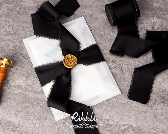 Ribbli Black Silk Satin Ribbon 1.5 Inch x 30 Yard Handmade Frayed Chiffon Black Ribbon for Gift Wrapping Wedding Invitations Bridal Bouquets Home Decor