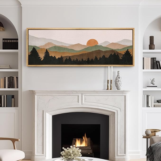 SIGNFORD Large Framed Canvas Print Wall Art Abstract Mountain Contours Sunset Landscape Illustrations Modern Art Relax/Calm Warm for Living Room, Bedroom, Office - 60"x20"