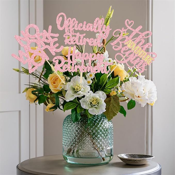 Ephlyn 16Pcs Happy Retirement Centerpiece Sticks Officially Retired Table Flower Centerpieces Sticks No Work Zone Floral Decorations for Farewell Birthday Party Centerpieces Supplies Pink