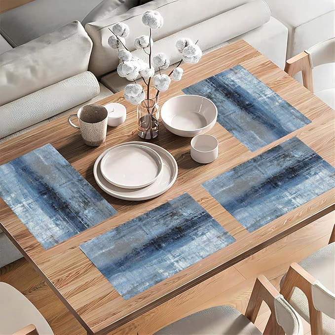 Abstract Blue and Grey Art Placemats Set of 4, Placemats for Dining Table,Heat Resistant Stain Resistant Wipeable Table Mats for Kitchen Dining Holiday Party Home Decor,12x18 Inch