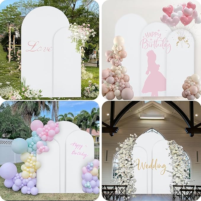 WEERRW Wedding Arch Cover White Spandex Fitted Set of 3 Balloon Arch Stand Covers Round Top Chiara Stretchy Backdrop for Birthday Party Baby Shower Banquet Decoration (6FT, 6.6FT, 7.2FT)