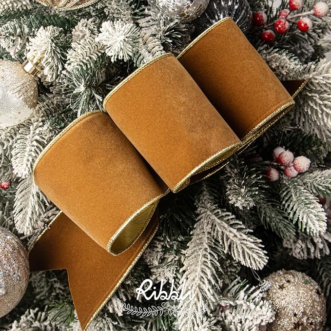Ribbli Khaki Velvet Wired Ribbon 4 Inch Luxury Matte Velvet Christmas Ribbon for Gift Wrapping Christmas Tree Decoration Crafts Wreaths Supplies - 10 Yards