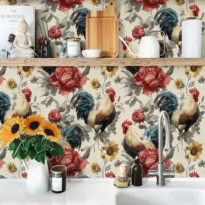 Floral Peel and Stick Vintage Animal Wallpaper Sunflower Rooster Removable Botanical Leaf 17.7" x 118.11" Wall Paper Watercolor Self Adhesive Contact Paper for Farm Bedroom laundry room bathroom