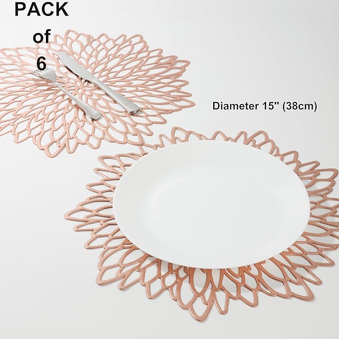 Snowkingdom 6 Pack Rose Gold Placemats Metallic Pressed Vinyl for Mother's Day Table Decoration Dinning Mats Round Floral Charger Plates Bridal Shower Party Birthday Wedding Valentine Christmas