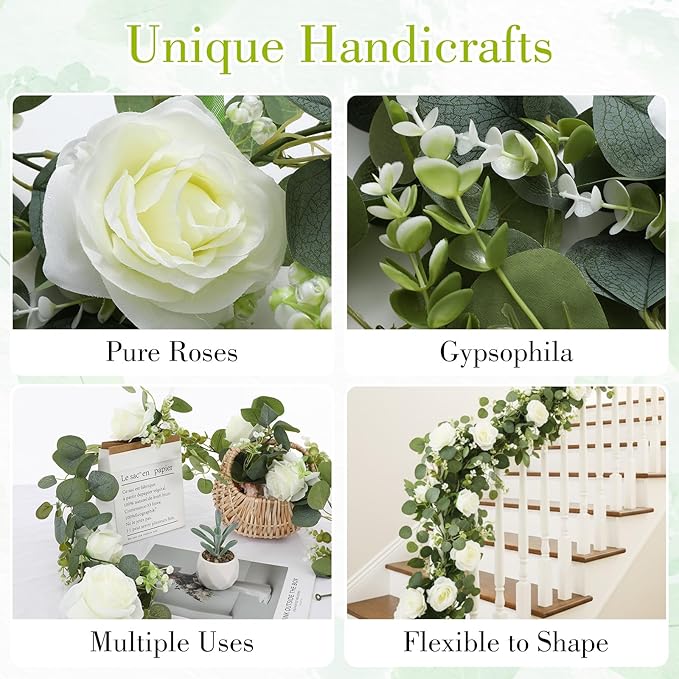 3 Pcs Total 18Ft Artificial Eucalyptus Flower Garland, Faux Eucalyptus Garland with White Roses Fake Flowers Vines for Centerpiece, Wedding, Party, Table, Background, Arch, Indoor Outdoor Decor