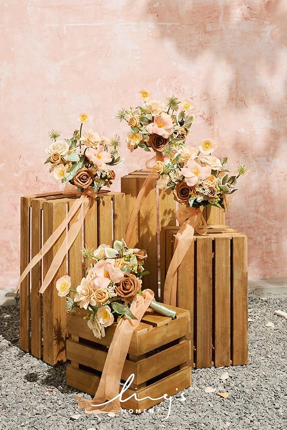 Ling's moment Artificial Flowers Apricot and Peach Bridesmaid Bouquet Set of 4, Peach Wedding Flowers Bouquets for Bridesmaids, 7 Inch Bridal Bouquets for Bridesmaids, Wedding, etc