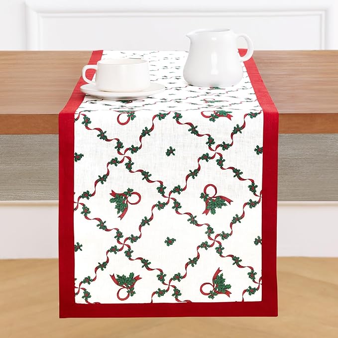 Solino Home 100% Pure Linen Christmas Table Runner 72 Inches Long - Red and Green Table Runner 14 x 72 Inch - Handcrafted and Machine Washable - Holly Ribbon Print