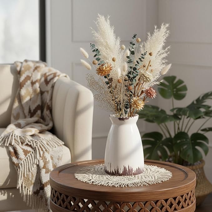 hjn White Flower Vase- Ceramic Vase for Decor, White vase for Flowers, Modern Vases for Living Room/Home Decor Accents/Entryway/Mantel/Bookshel