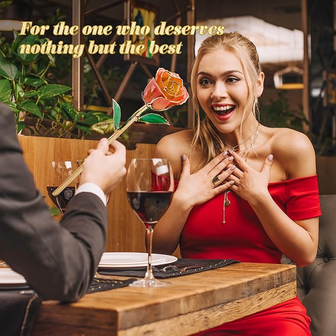 Mikasol Real 24K Gold Dipped Realistic Rose – Timeless Lifelike Bloom with Heart Puzzle Base – Romantic Gradient Orange Flower Gift for Her, Wife, Girlfriend, Mom – Birthday, Anniversary, Mother’s Day
