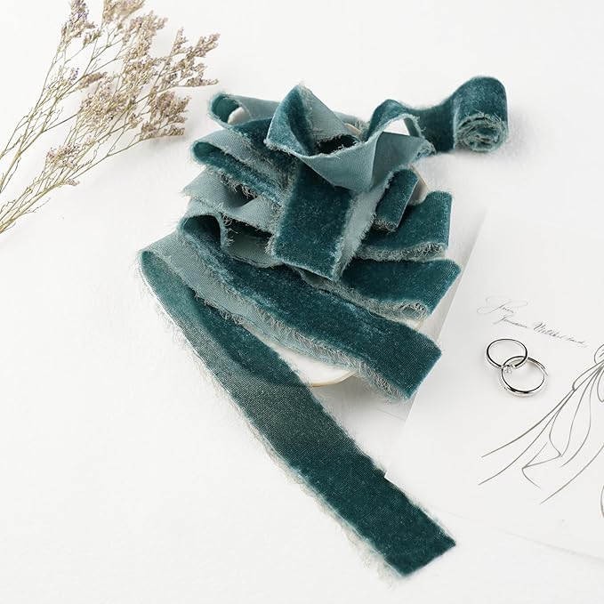Steel Blue Silk Velvet Ribbon 1.5 Inch Blue Frayed Edge Ribbon Rustic Style Fringe Gift Raw Edge Boho Velvet for Wedding Invitation Bridal Bouquet -3yards