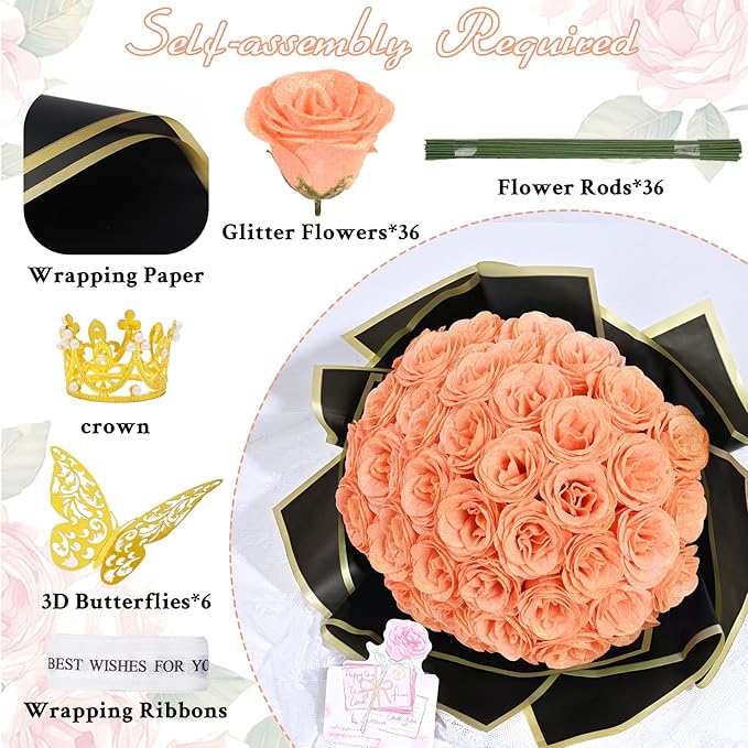 Waipfaru Glitter Roses Bouquet, DIY Fake Flowers Bouquet, Birthday Gifts for Women Mom, 36 Pcs Champagne Rose for Wife Girlfriend Valentines, Mothers Day, Anniversary, Graduation