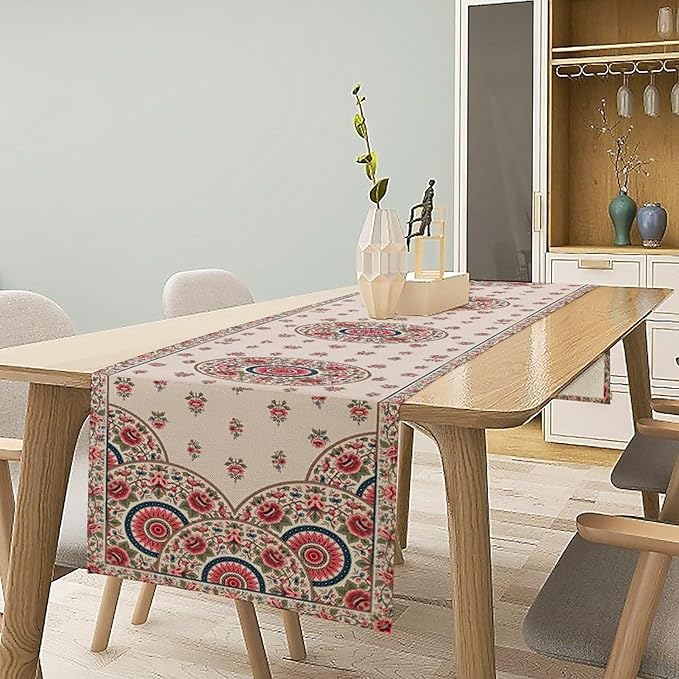 Bohemian Floral Table Runner, Vintage Ethnic Mandala Pink Flowers Boho Design Table Runner for Kitchen Dining Party Wedding, 13x36 Inch