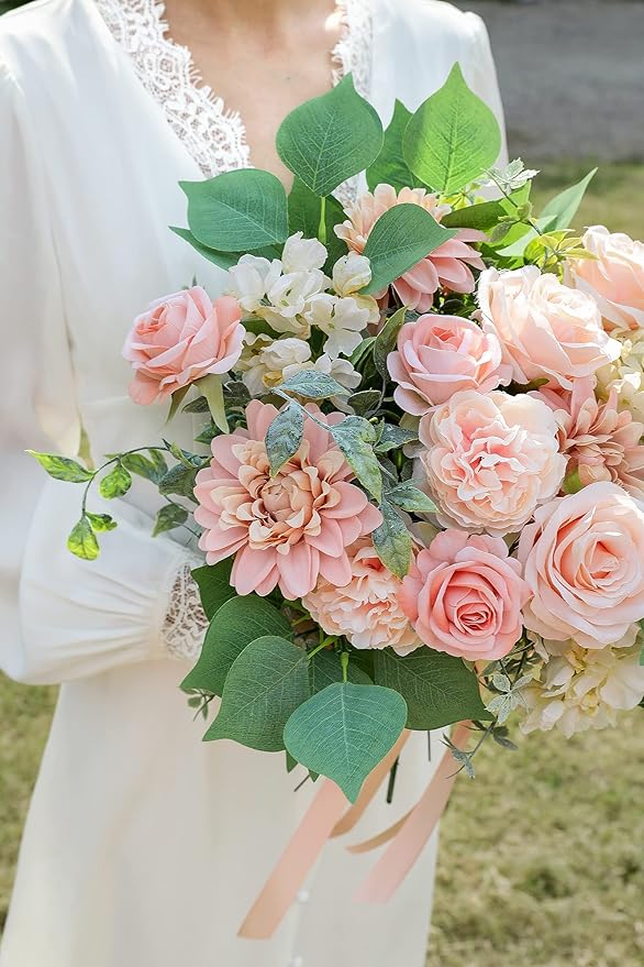 YYHUAWU Artificial Flowers Combo Box Set Gradient Color Flower Leaf with Stems for DIY Wedding Bouquets Centerpieces Baby Shower Party Home Decorations Peach