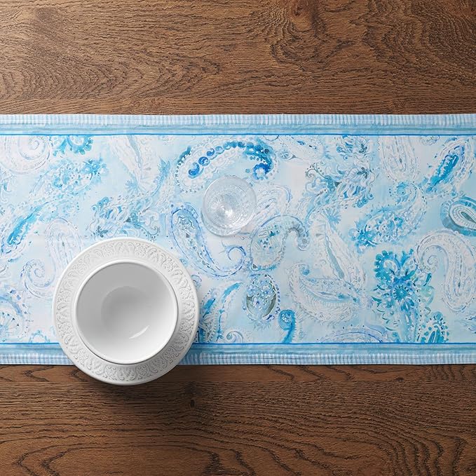 Maison d' Hermine Tablerunner 100% Combed Cotton Premium 14.50 Inch x 108 Inch Decorative Table Runner Table Runners, Dining, Buffet Party & Wedding, Paisley Blues (Double Layer)