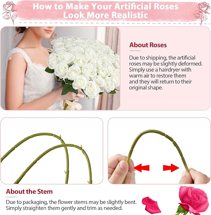 White Roses Artificial Flowers Bulk, 52Pcs Fake Roses White Flowers, DIY Silk Faux Roses Bouquet, Realistic White Faux Flowers Mohter's Day Valentine's Day Decor