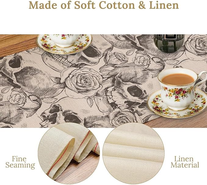Gothic Table Runner,White Skull Floral Print Table Runner for Home Kitchen Table Dining Garden Farmhouse Wedding Party Decor 13x108 Inch