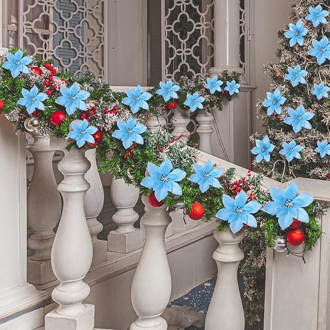 WILLBOND 24 Pcs 3 Size Poinsettia Flower Artificial Christmas Decor Glitter Poinsettia Christmas Ornaments Faux Flowers for Xmas Tree Outdoor(4/6/7.9 Inches,Lake Blue)