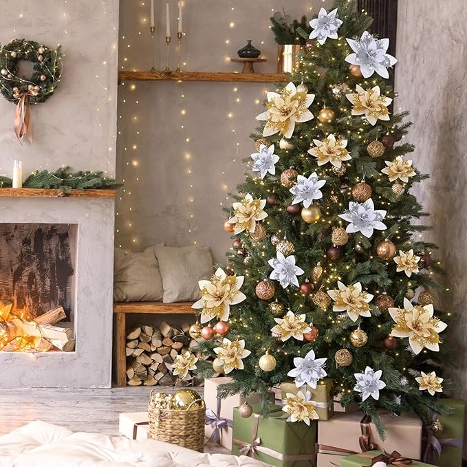 Geosar 24 Christmas Glitter Artificial Poinsettia Flowers Xmas Poinsettia Wedding Flowers Decorations Xmas Tree Ornaments with Clips for Party Favors, 6 Inch, 4 Inch, 3 Inch(Gold and Sliver)