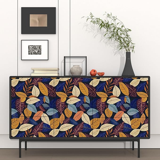 Colorful Leaf Wallpaper Peel and Stick,Vintage Botanical Contact Paper 17.5" x 118",boho leaves Wall Mural Self Adhesive Removable Waterproof for Bedroom Walls Bookcase Drawers Cabinet Table Locker