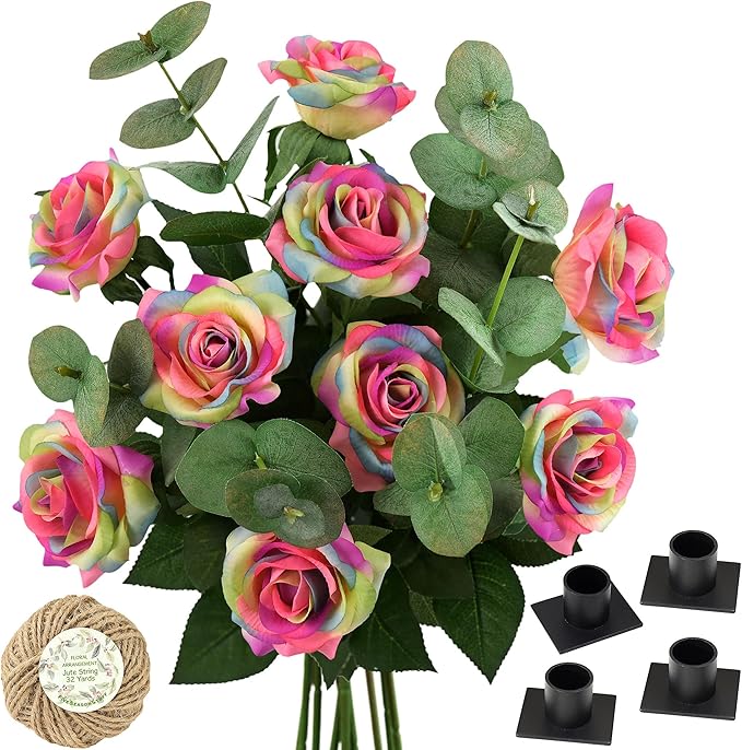 FiveSeasonStuff Rainbow Real Touch Silk Artificial Flowers ‘Petals Feel and Look Like Fresh Roses’ 9 Stems with Eucalyptus, Candle Holders and Jute Ribbon