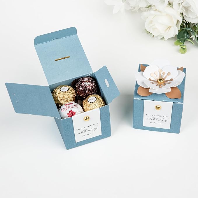 FEIYI 20 PCS Candy Boxes, 3 In 1 Dusty Blue Favor Boxes with Floral Decor, White Thank You Tags Gift wrapping for Wedding Birthday Baby Shower Decorations Party -2.55x2.55x2.55''