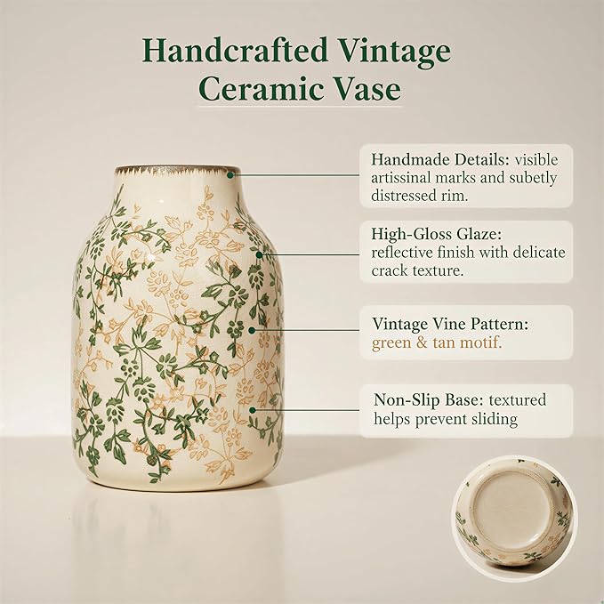 Rustic Vintage Ceramic Vase, 7.8 inch Beige and Green Decorative Vase, Aesthetic Farmhouse Pottery Vase for Home Decor, Living & Dining Room, Bookshelf, Office, TV Stand Table Decor