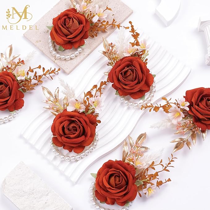 Meldel Orange Velvet Rose Wrist Corsage, Set of 6, Wedding Bridal Flower Corsage Hand Decor for Prom Party Homecoming, Wristband Flowers Bride, Bridesmaid, Girl