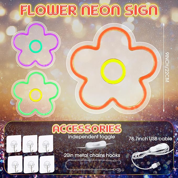 Baquler 3 Pcs Flower Neon Sign Light up Flower Sign Retro Neon LED Lights USB Powered for Wall Decor Window Bedroom Home Girls Birthday Christmas Party Decoration, 9 x 9 Inches(Bright)