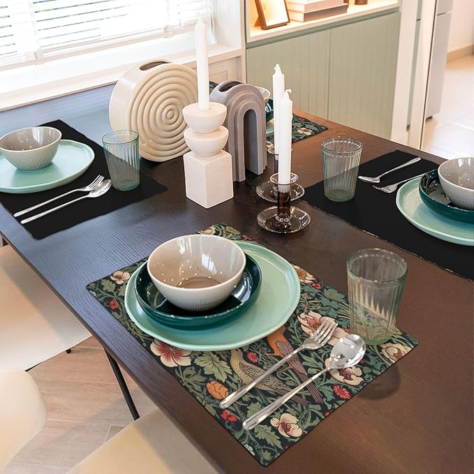 William Morris Placemats, Vintage Rustic Natural Green Plant Flower Strawberry Birdie Print Washable Fabric Placemats Table Kitchen Dining Party 12x18 Inch Set of 4