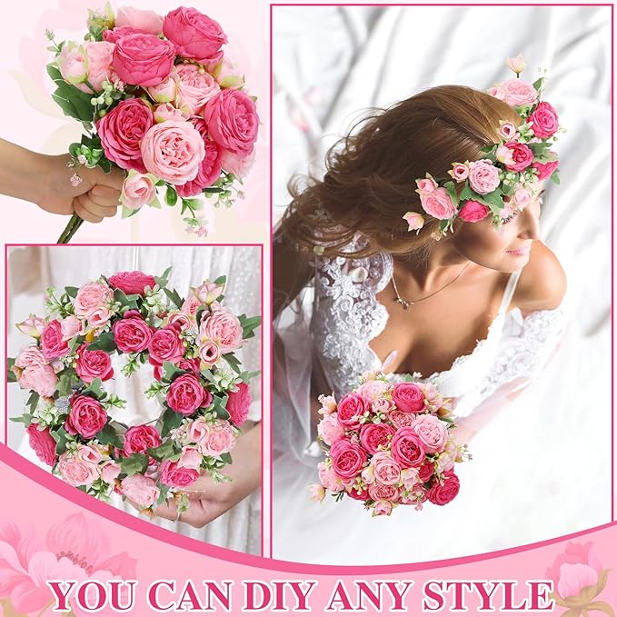 16 Pack Pink,Hot Pink Peonies Artificial Flowers,Fake Silk Hydrangea Bouquet for Bridal Wedding Home Table Decor Reusable Dining Opening Ceremony Birthday Arrangement Faux Floral