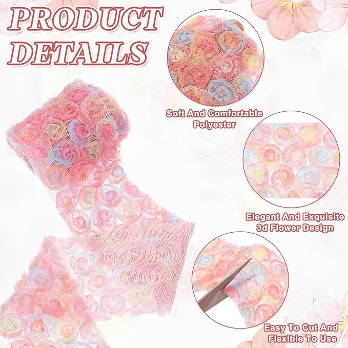 uxcell 2PCS Lace Trim Ribbon, 2.36 inch - 1 Yard 3D Rose Floral Embroidery Ribbons Edge Trimming for Sewing, Wedding Dress, DIY Crafts, Decoration Accessories, Pink Yellow