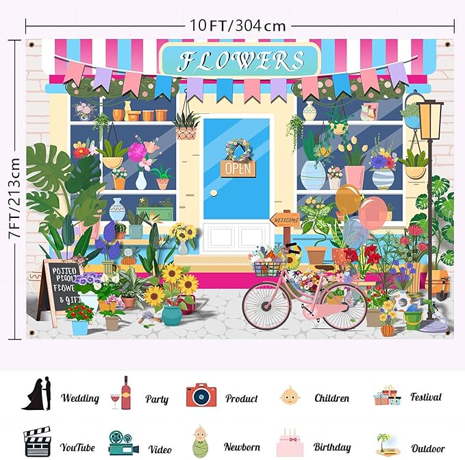 HANYING 10x7ft Cartoon Flower Shop Photo Backdrop Floral Pot Plants Gardening Bicycle Photo Background Gifts Florists Baby Girls Birthday Bridal Shower Party Decorations Supplies HY030DX