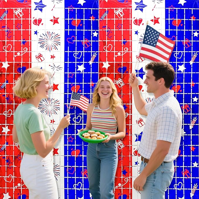 4th of July Decorations, 2 Packs 3.3x6.6ft 4th of July Photo Backdrop Streamer，Red White and Blue Tinsel Foil Fringe Curtains for Independence Day, America Patriotic, Memorial Day, Labor Day